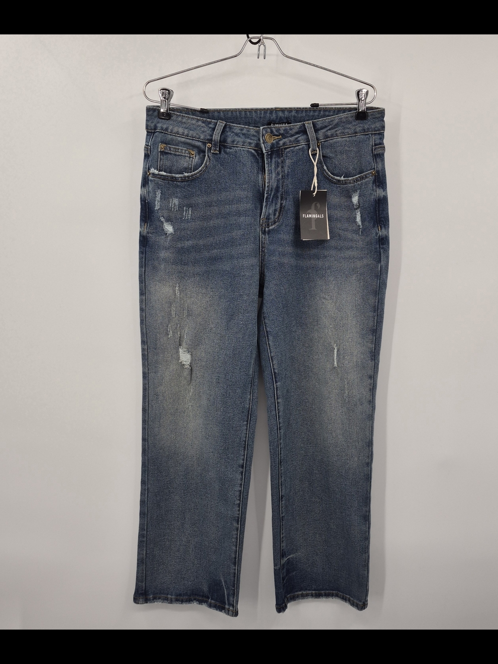 Flamingals Womens Blue Denim Distressed Cropped Straight Leg Jeans Large